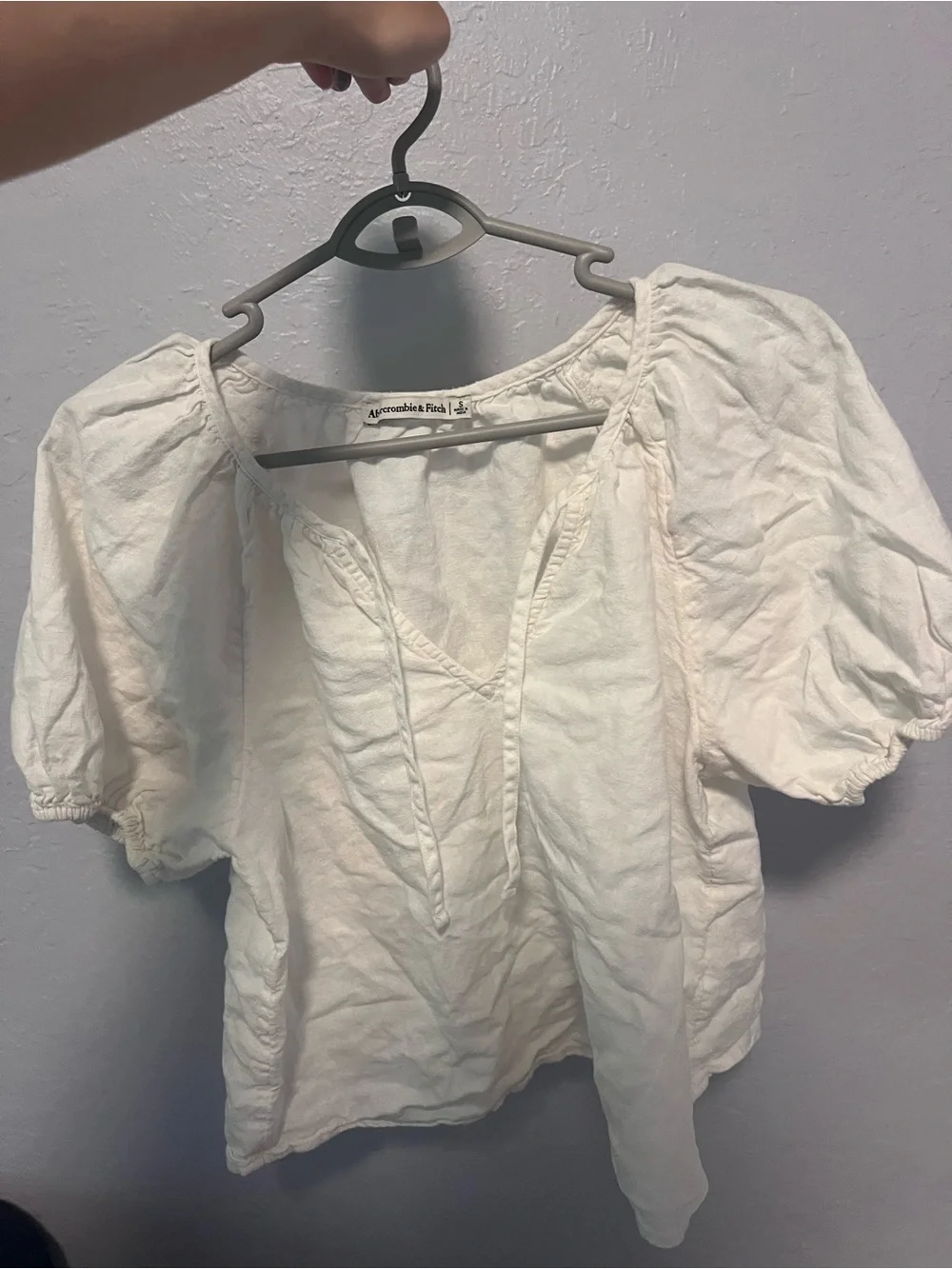 Abercrombie & Fitch Cream Peasant Puff Sleeve Linen and Cotton Blend Top